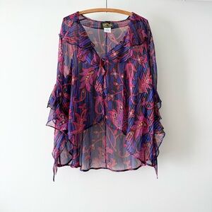 Bob Mackie Women M Cardigan Sheer Silk Ruffle Paisley Multicolor Metallic